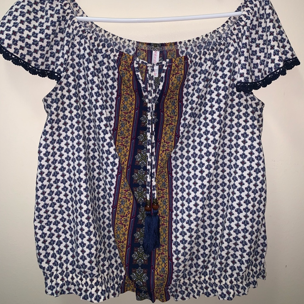 Blue Patterned Off the Shoulder Top